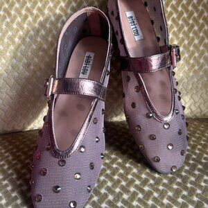 Anthropologie BIBI LOU Bronze Mesh Leather Gem Naila Mary Jane Flats NEW 7.5